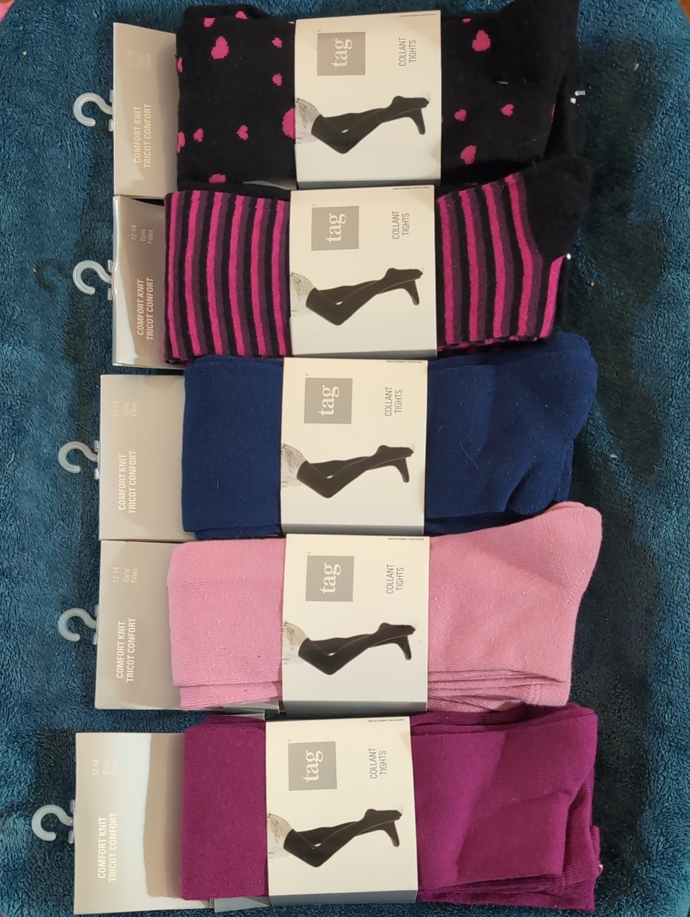 Tag Girl’s Tights 5-Pack in Black, Pink, Navy & Purple